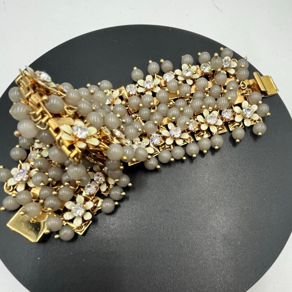 J. Crew‎ Cluster Crystal Flowers Grey Lucite Beads Statement Cha Cha Bracelet